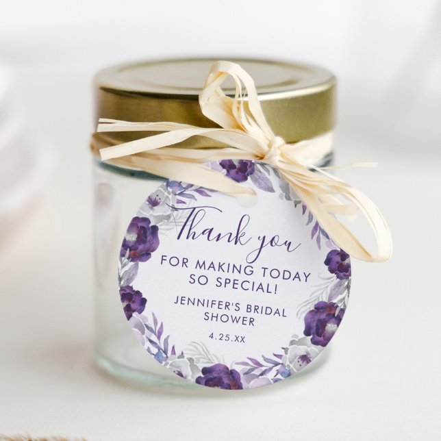 Étiquettes Cadeau Fête de mariage floral aquarelle violet et argent (Purple and Silver Watercolor Floral Bridal Shower Favor Tags)