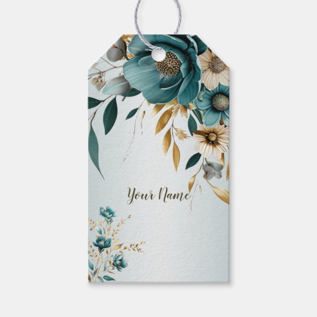 Étiquettes-cadeau Fête de mariage Turquoise Fleur blanche Feuilles d (Devant)