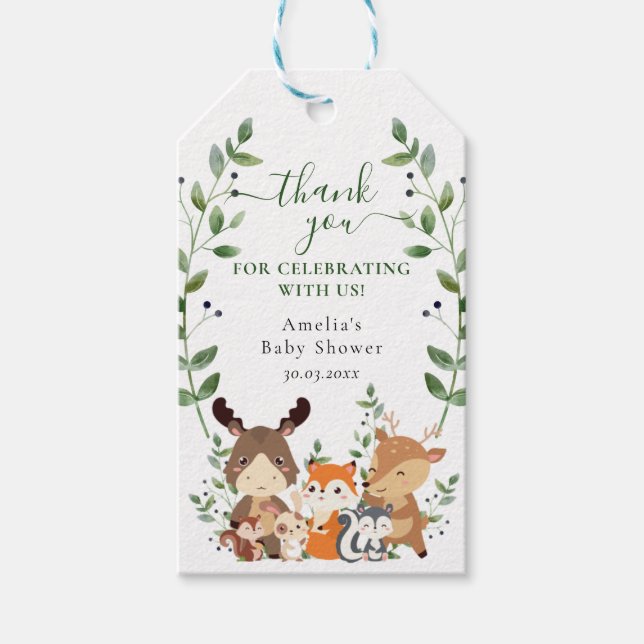 Étiquettes-cadeau Fête de naissance Bois de verdure Animaux mignons  (Devant)
