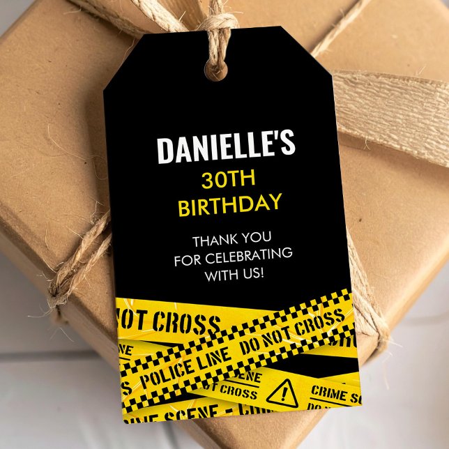 Étiquettes-cadeau Fête de police avec bandes de scène de crime jaune (Créateur téléchargé)