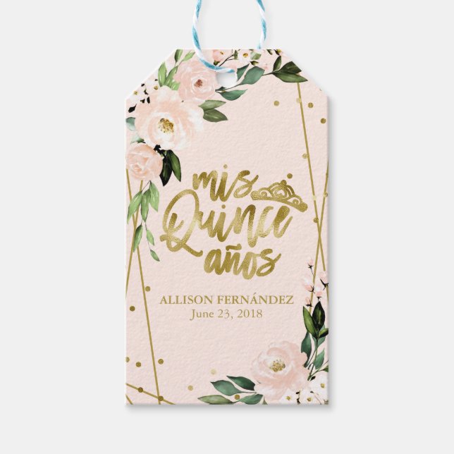 Étiquettes-cadeau Fête de Quinceanera Papier Doré Fleurs Roses Blush (Devant)