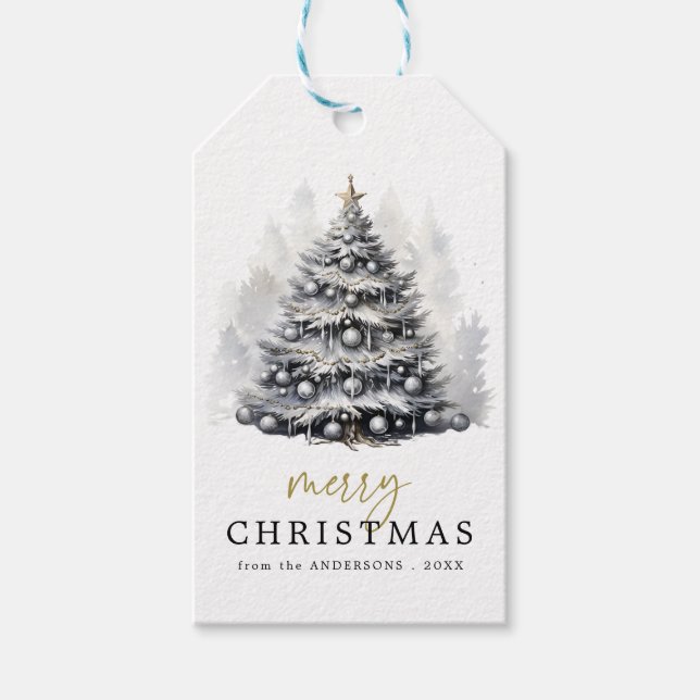Étiquettes-cadeau Fête des arbres de Noël noirs et blancs (Devant)