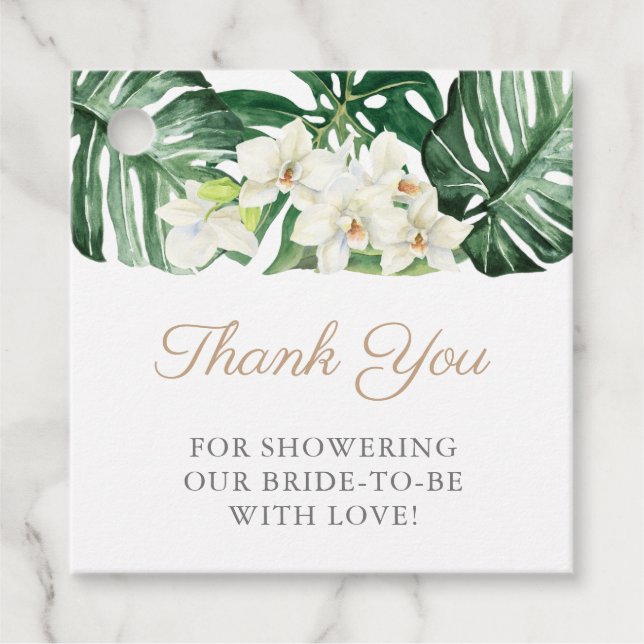 Étiquettes Cadeau Fête des mariées blanche verte de feuillage tropic (Devant)