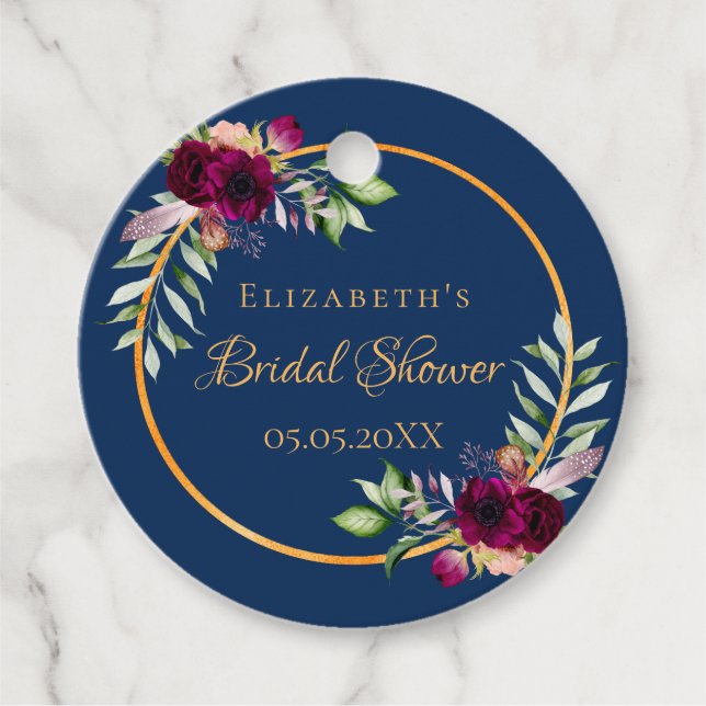 Étiquettes Cadeau Fête des mariées bleu marine floral bordeaux (Devant)