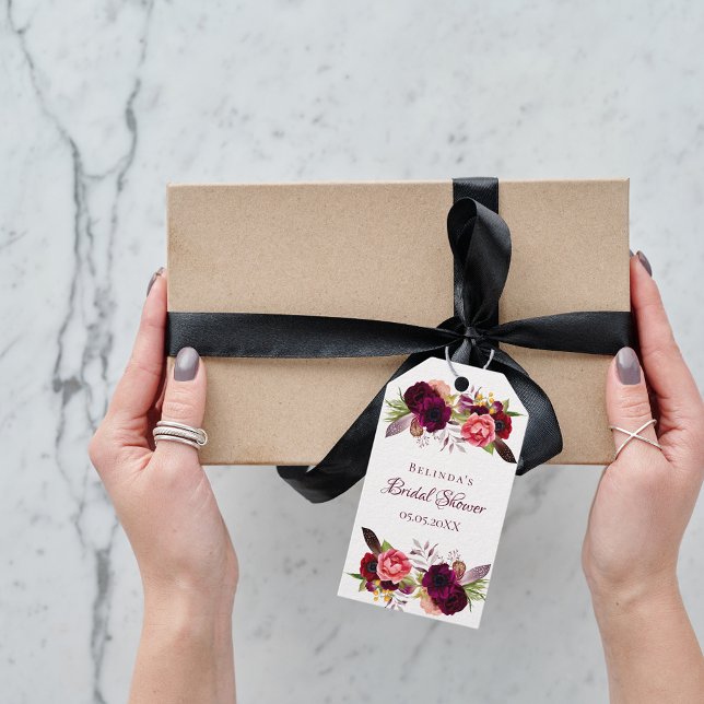 Étiquettes-cadeau Fête des mariées bordeaux fleurs de saumons boho m (Créateur téléchargé)