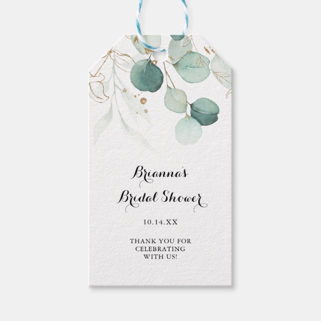 Étiquettes-cadeau Fête des mariées de calligraphie d'or Eucalyptus r (Devant)
