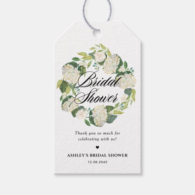 Étiquettes-cadeau Fête des mariées de couronne de fleurs d'Hydrangea (Devant)