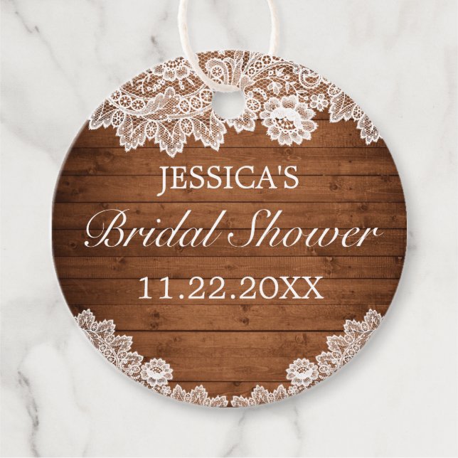 Étiquettes Cadeau Fête des mariées en bois rustique et dentelle blan (Devant)