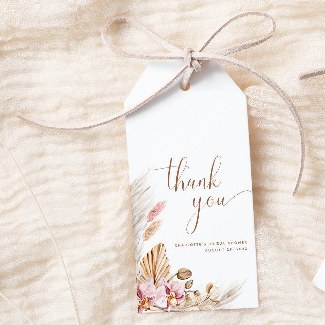 Étiquettes-cadeau Fête des mariées en laiton rose Boho Floral Pampas (Créateur téléchargé)