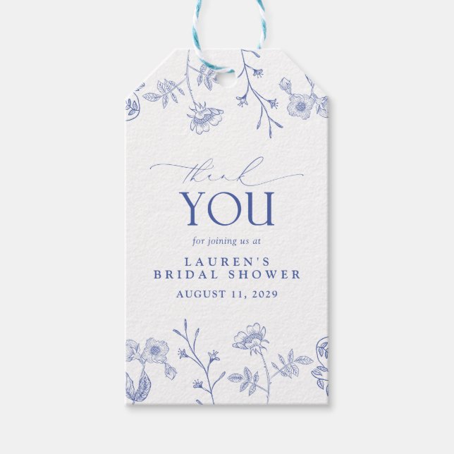 Étiquettes-cadeau Fête des mariées Florale Bleu & Blanc Personnelle (Devant)