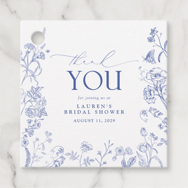 Étiquettes Cadeau Fête des mariées Florale Victorienne Bleue & Blanc (Devant)