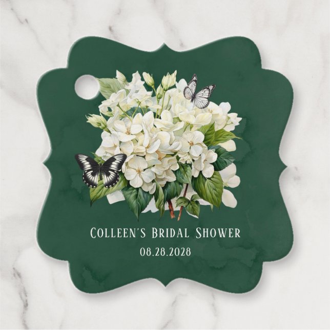 Étiquettes Cadeau Fête des mariées Hydrangée blanche et papillon (Devant)