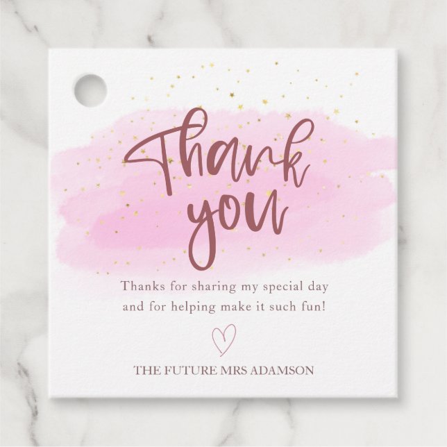 Étiquettes Cadeau Fête des mariées rose or  Merci (Devant)