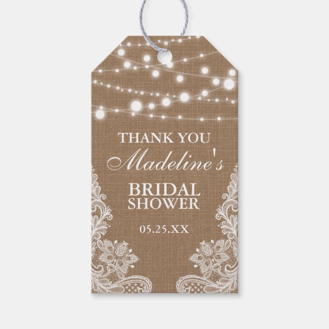 Étiquettes-cadeau Fête des mariées Rustique Burlap Lights Merci dent (Devant)