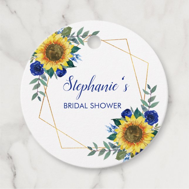 Étiquettes Cadeau Fête des mariées Tournesol bleu Merci géométrique (Devant)