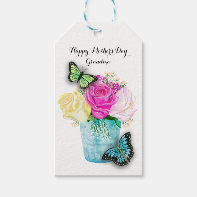 Étiquettes-cadeau Fête des mères Roses de printemps à Vase avec des  (Devant)