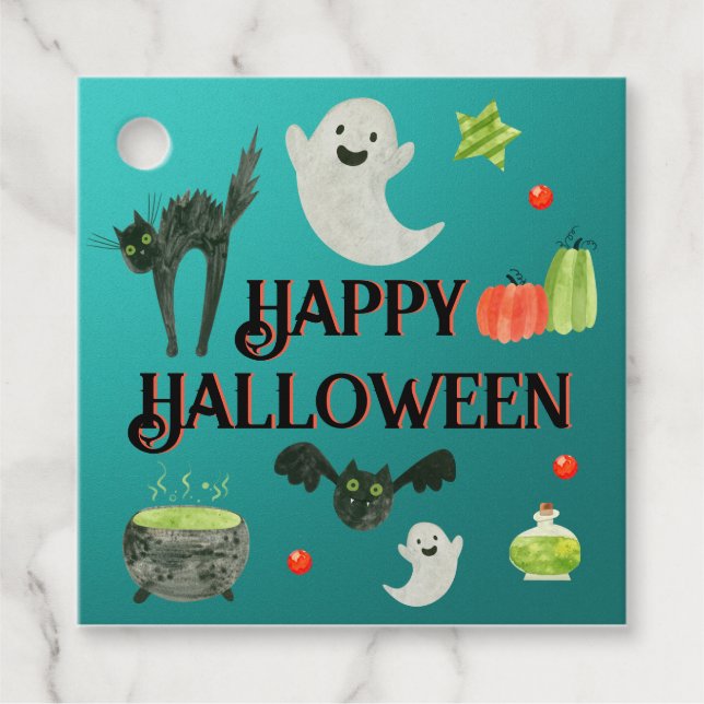 Étiquettes Cadeau Fête d'Halloween Turquoise et vert (Devant)