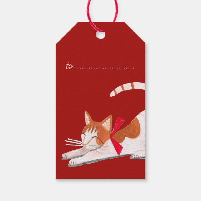 Étiquettes-cadeau Fêtes de Noël rouge Chat (Devant)