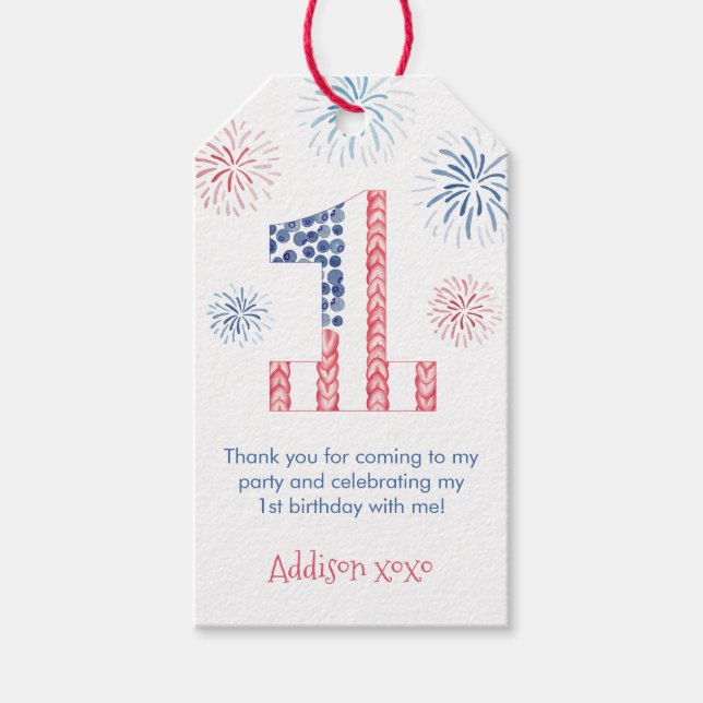 Étiquettes-cadeau Feu d'artifice Rouge Blanc Bleu 1er anniversaire (Devant)