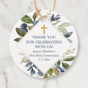 Étiquettes Cadeau Feuillage vert bleu or première communion baptême