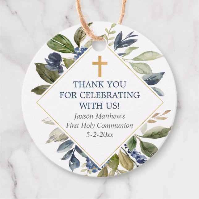 Étiquettes Cadeau Feuillage vert bleu or première communion baptême (Devant)