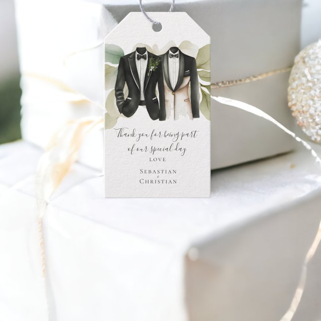Étiquettes-cadeau Feuillage vert Muet Mariage gay personnalisé (Muted Green Foliage Personalized Gay Wedding Gift Tags from Ricaso)