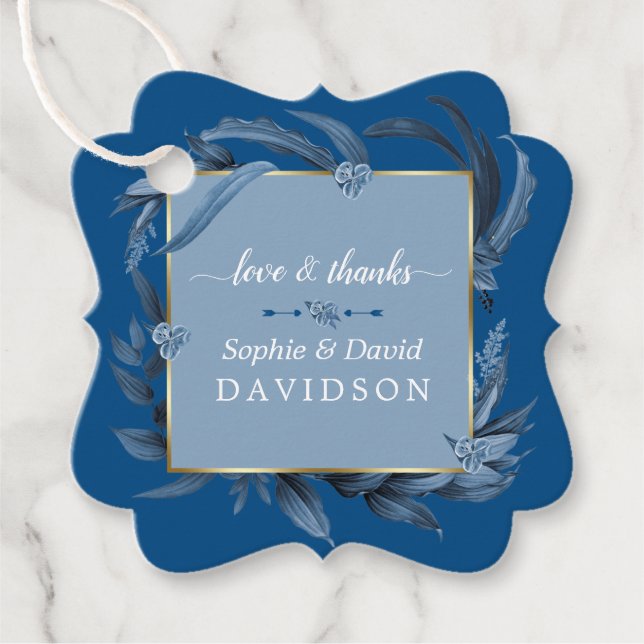 Étiquettes Cadeau Feuille bleu moderne Mariage d'or géométrique  (Devant)