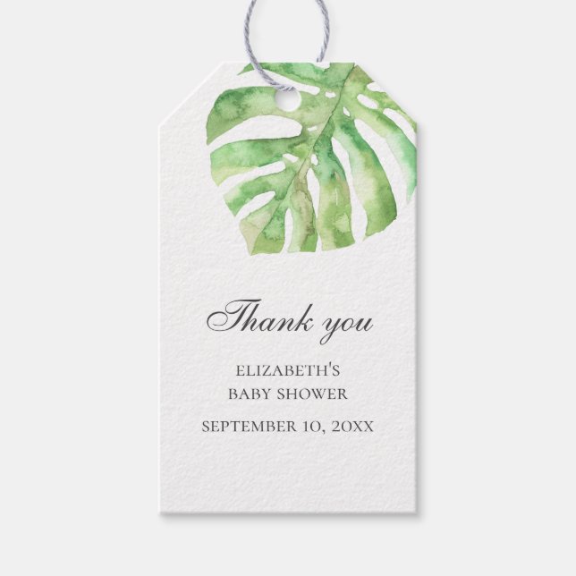Étiquettes-cadeau Feuille exotique verte. Baby shower tropical merci (Devant)