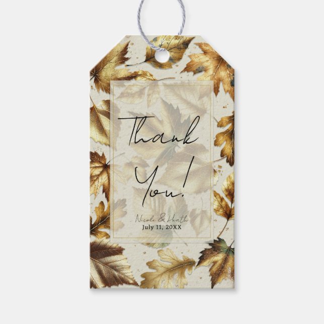 Étiquettes-cadeau Feuille or  amande beige Mariage de automne glam (Devant)