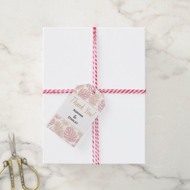 Étiquettes-cadeau Feuille tropical rose et or mariage Merci (Avec de la ficelle)