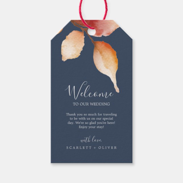 Étiquettes-cadeau Feuilles automnales | Bienvenue au Mariage bleu et (Devant)