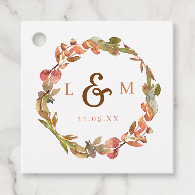 Étiquettes Cadeau Feuilles d'automne Mariage Monogramme (Devant)