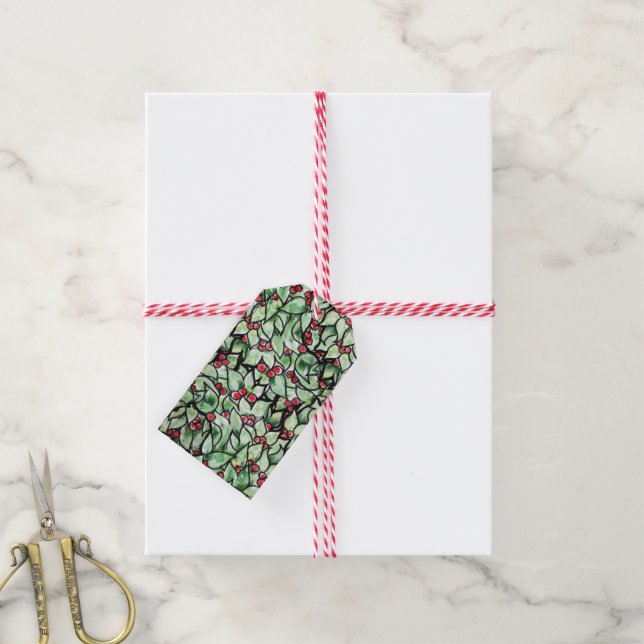 Étiquettes-cadeau Feuilles de fête peinture à l'aquarelle de Noël (Avec de la ficelle)