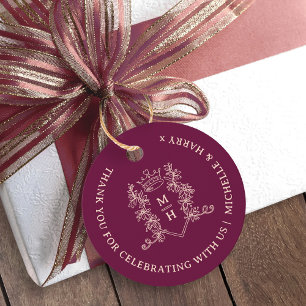 Étiquettes Cadeau Feuilles de la Couronne dessiné monogramme mariage