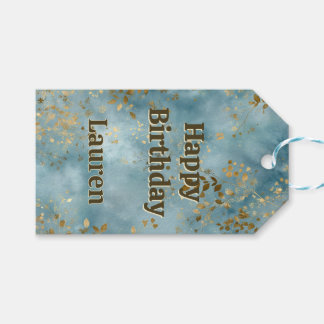Étiquettes-cadeau Feuilles dorées Fond sarcelle Joyeux Anniversaire