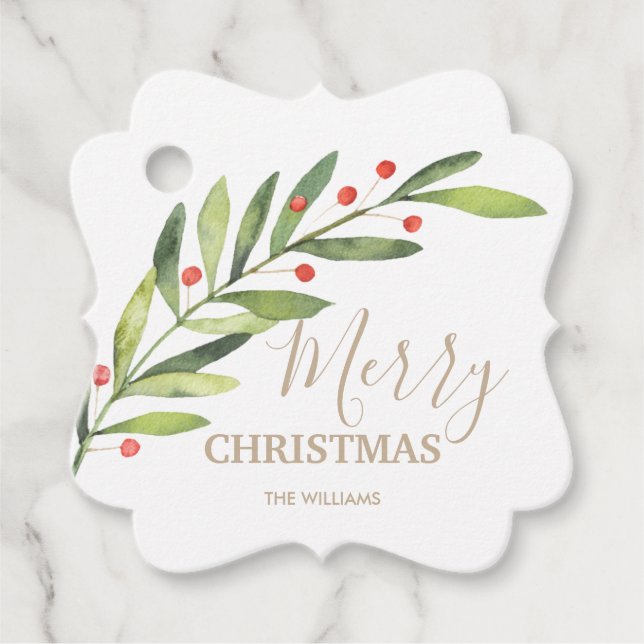 Étiquettes Cadeau Feuilles et baies sur le joyeux support de Noël (Devant)