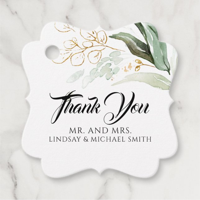 Étiquettes Cadeau Feuilles or vert mignon Merci Mariage (Devant)