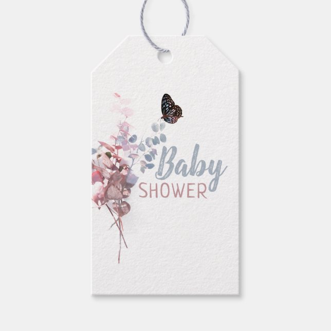Étiquettes-cadeau Feuilles papillons, Baby shower élégant (Devant)