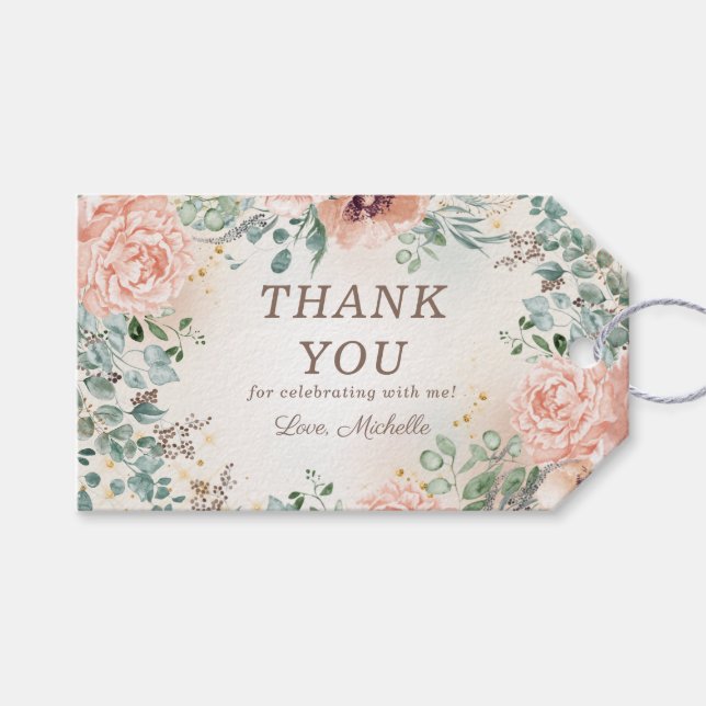 Étiquettes-cadeau Feuilles rose Floral Sage Vert Anniversaire Merci (Devant (Horizontal))