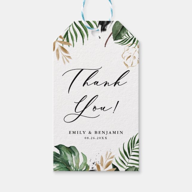 Étiquettes-cadeau Feuilles tropicaux Faux Gold Foil Mariage Merci (Devant)