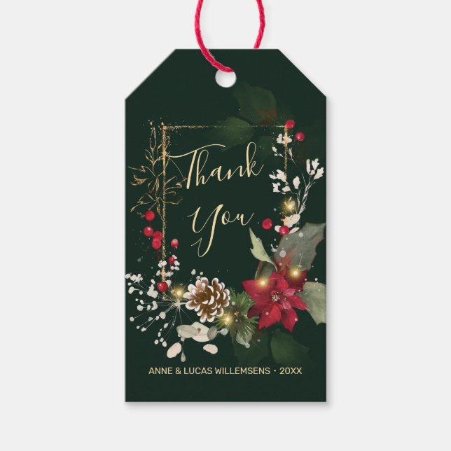 Étiquettes-cadeau Feuilles vertes Baies rouges or Mariage Merci  (Devant)