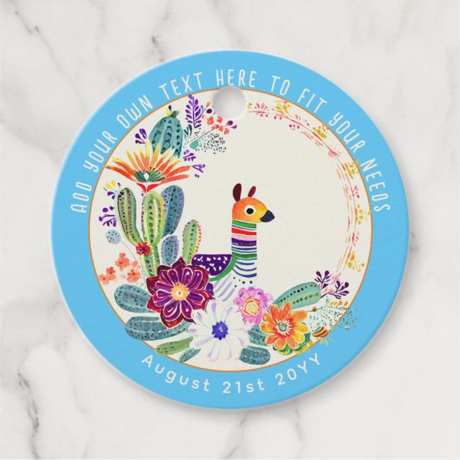 Étiquettes Cadeau FIESTA Cactus Lama Folkart Fleurs Bleu Personnalis (Devant)