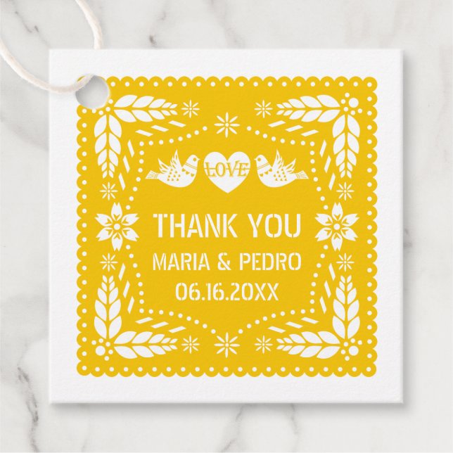 Étiquettes Cadeau Fiesta mariage inséparable de papillon jaune (Devant)