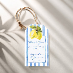 Étiquettes-cadeau Fil à la main bleu rayures citrons italien mariage