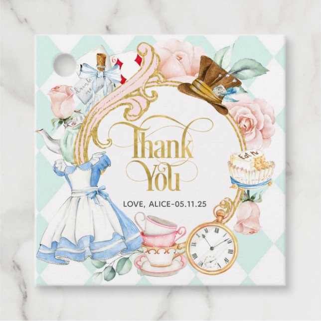 Étiquettes Cadeau Fille anniversaire, alice tea party merci pour les (Devant)