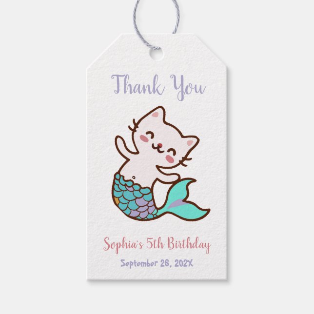 Étiquettes-cadeau Fille Anniversaire Chat Sirène Sous l'Océan Merci (Devant)