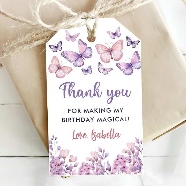 Étiquettes-cadeau Fille anniversaire papillon floral violet rose  (Créateur téléchargé)