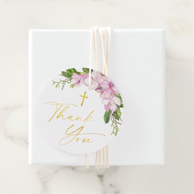 Étiquettes Cadeau Fille Baptême Fleurs roses et Merci brut (En situation)