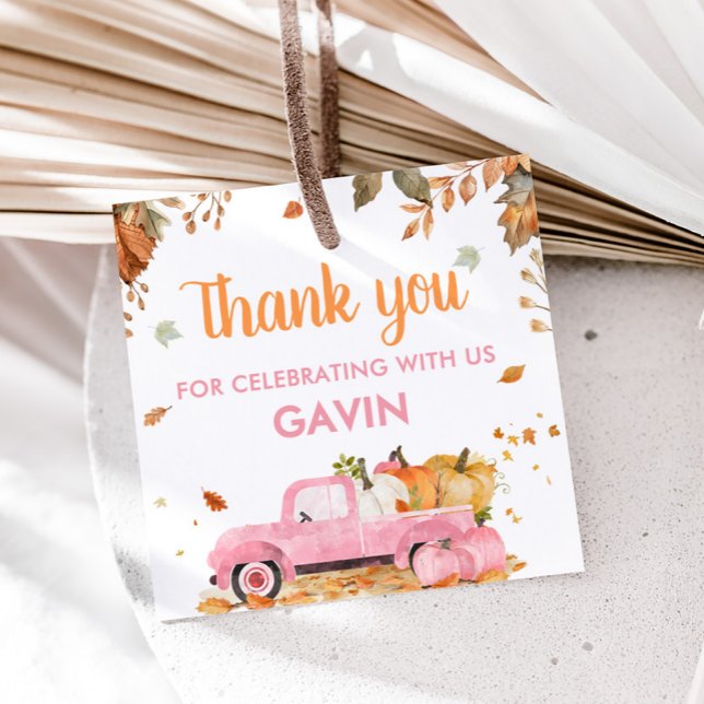 Étiquettes Cadeau Fille Citrouille rose Camion Automne Anniversaire  (Pink Pumpkin Truck Fall Birthday Square Favor Tags)