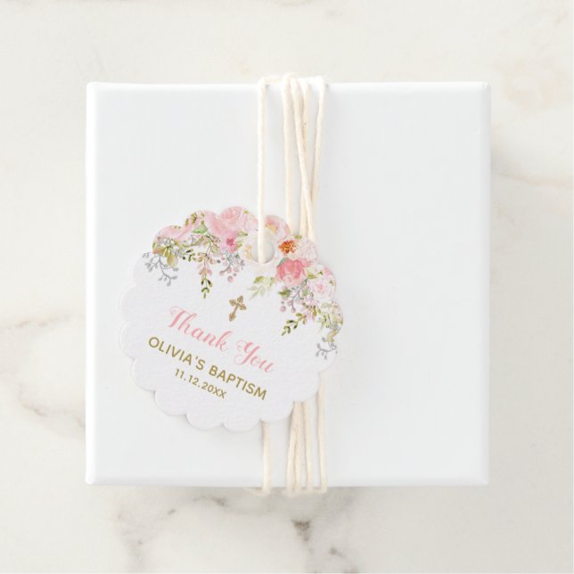Étiquettes Cadeau Fille de communion florale rose et or (En situation)